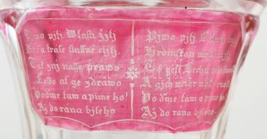 XIX. sz. közepe: Cseh csiszolt és gravírozott üveg serleg fedéllel  A gravírozás színezett felületen...