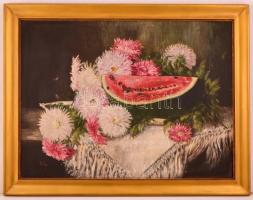 Tóth jelzéssel: Dinnyés csendélet. Olaj, vászon (hullámos), keretben, 49×58 cm