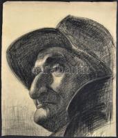 Szegedi Molnár Géza (1906-1970): Kalapos férfi. Szén, papír, jelzett, felcsavarva, szélein szakadások, 54×47 cm