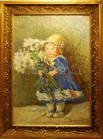 Boemm Ritta: Kislány virággal (1868-1948) olaj, vászon keretben (50x38cm)