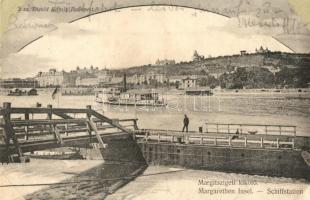 1902 Budapest XIII. Margitsziget, Margitszigeti kikötő, gőzhajó. Divald Károly 2. sz. (megerősített sarkak / restored corners)