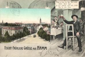 1908 Hamm, Feucht-Fröhliche Grüsse / greeting card with men drinking beer. square with tram  (EK)