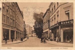 1926 Hamm, Luisenstrasse und Postamt, Gebrüder Alsberg, Heinrich Herlitz, Lederhandlung / street view with shops and post office (EK)