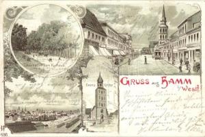 1903 Hamm, Lindenallee zum Kurhaus, Evang. Kirche / street, park to the spa, church, railway. floral, Art Nouveau litho