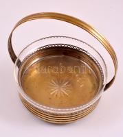 Ezüstözött réz füles  kínáló, jelzés nélkül, üvegbetéttel (apró csorbával), m:20 cm