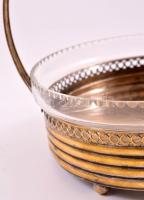 Ezüstözött réz füles  kínáló, jelzés nélkül, üvegbetéttel (apró csorbával), m:20 cm