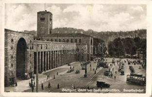 Stuttgart, Stadt der Auslandsdeutschen, Hauptbahnhof / railway station with trams and automobiles