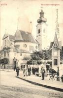 1910 Győr, Karmelita templom, utcai árusok, Időjelző torony barométerekkel és hőmérőkkel. Hátoldalon titkosírás / Cryptography on the backside
