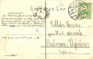 1910 Győr, Karmelita templom, utcai árusok, Időjelző torony barométerekkel és hőmérőkkel. Hátoldalon...