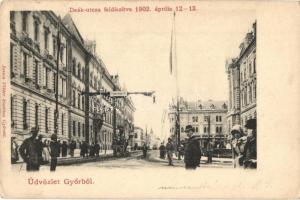 1902 Győr, Deák utca feldíszítve 1902 április 12-13-án, "Isten hozott" felirat. Gróf Széchenyi Miklós győri püspök beiktatásakor