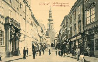 Pozsony, Pressburg, Bratislava; Mihálykapu utca, Neumann M., Stampfel üzlete, Gyógyszertár. W. L. Bp. 629. / Michaelsthorgasse / street view, shops, pharmacy (apró szakadás / tiny tear)