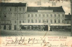 1900 Pozsony, Pressburg, Bratislava; Szarvas szálloda, Standard életbiztosító társaság vezérügynöksége. Kiadja Hans Nachbargauer / Hotel Goldenen Hirschen / hotel, insurance company (fl)