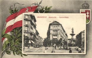 Budapest VIII. Kálvin tér, villamos, szökőkút, Magyar Lámpa Gyár. Magyar zászlós és címeres keret / Hungarian flag and coat of arms frame