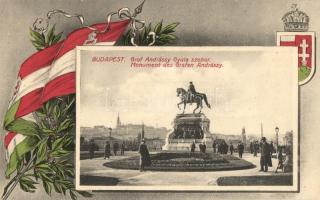 Budapest V. Gróf Andrássy Gyula szobra. Magyar zászlós és címeres keret / Hungarian flag and coat of arms frame