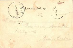 1900 Ruttka, Vrútky; Vágvölgyi vasútvonal, hajtány a síneken, tutajosok. Kiadja Moskóczi Ferencné / ...