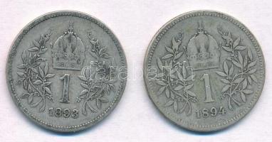 Ausztria 1893-1894. 1K Ag "Ferenc József" (2xklf) T:2-,3 Austria 1893-1894. 1 Corona Ag &q...
