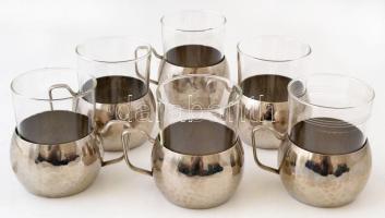Jelzett fém pohártartó csésze (6 db), jelzett modern üveg poharakkal (6 db,), hibátlanok, m:6 és 9 cm