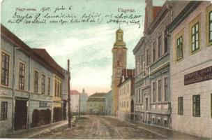 1905 Ungvár, Uzshorod, Uzhorod; Nagy utca, templom, Lefkovits Jakabné Zálogkölcsön Intézete, F. Adolf üzlete. Völgyi József kiadása / street view with church, shop, loan institute