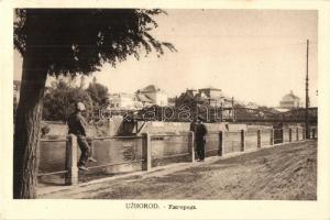 1938 Ungvár, Uzshorod, Uzhorod; Ung folyó részlete, zsinagóga, híd / Uzh riverside, bridge, synagogue + 1938 Ungvár visszatért So. Stpl