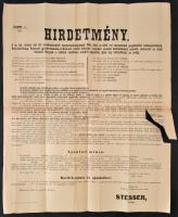 1887 Csendőrtisztek és legénység részére felszerelés beszerzése tárgyában kiírt ajánlattétel hirdetménye. 60x67 cm Szakadással
