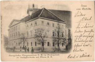 1903 Beszterce, Bistritz, Bistrita; Evangélikus felsőgimnázium, háttérben az evangélikus templom és torony / grammar school with church tower  (EK)