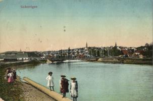 Szászrégen, Reghin; Maros részlet híddal / Mures riverside with bridge (ázott sarok / wet corner)