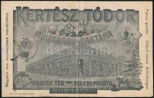1916 Bp. Kristóf tér, Kertész Tódor műiparáru boltjának dekoratív számlája, hátoldalán az üzlet szecessziós képével, 2 filléres illetékbélyeggel