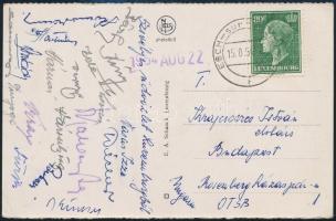 1954 a Vasas Izzó lbdarúgóinak aláírásai levelezőlapon: Bárfy, Bukov, Zele, stb.