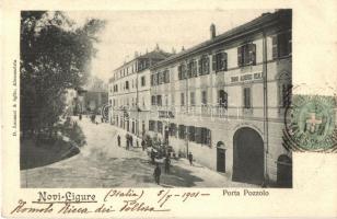 1901 Novi Ligure, Porta Pozzolo, Grand Albergo Reale, Vetture da Nolo e Stallaccio / street view with hotel and shop. TCV card