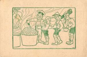 1926 Kész az ebéd. A 126. sz. Szent Imre cserkészcsapat kiadása, Veszprém / Lunch is ready. Hungarian scout art postcard s: V. Mátis