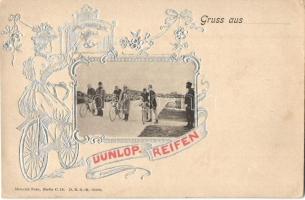 Gruss aus Dunlop-Reifen. Heinrich Fuhr / Dunlop, British bicycle pneumatic tyre advertisement with cyclists. Emb. Art Nouveau, silver decoration (r)