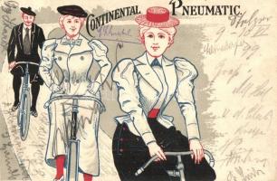 Continental Pneumatic / German tires and bicycle tyres advertisement card with cycling ladies and gentleman. litho
