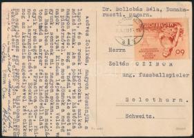 1954 a Bollobás-család (Bollobás Béla orvos, Bollobás Emőke fogorvos, Bollobás Béláné Varga Emma tanítónő, ifj. Bollobás Béla matematikus) gépelt, kézzel aláírt levelezőlapja Czibor Zoltán labdarúgó részére Svájcba megküldve