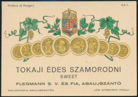 cca 1910 Dekoratív címeres dombor- és aranynyomásos Tokaji Édes szamorodni boros címke, szép állapotban