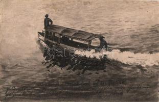 1915 Az ordonánc motoros a Dunán, motorcsónak. Kézzel rajzolt / Ordonnanz Motorboot auf der Donau K.u.K. Kriegsmarine Feldpostkorrespondenzkarte / Austro-Hungarian Navy military messenger motorboat. Hand-drawn art postcard (EB)