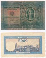 Vegyes bankjegy tétel: 1912. 100K + Románia 1944. 5000L + 1946. 100.000L + 1947. 1.000.000L T:III tű...