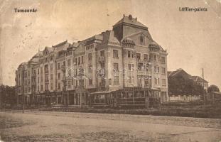 Temesvár, Timisoara; Löffler palota, villamos, üzletek. Kiadja Polatsek / palace with shops, tram (EK)