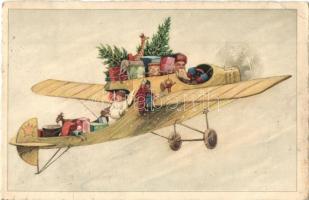 Mikulás repülőgépen ajándékokkal / Saint Nicholas in aircraft with presents. litho (EK)