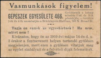 1910 Amerikai magyar vasmunkás szakszervezeti egylet szórókartonja philadelphiai egyleti gyűlésre meghívóval, hátoldalon kézzel írt megjegyzéssel