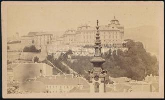 cca 1865 A Budavári Palota kupola nélküli látképe, a tabáni, azóta lerombolt szerb templom tornyával, keményhátú fotó, 6,5×10,5 cm