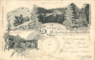 1899 (Vorläufer!!!) Szebenjuharos, Hohe Rinne, Paltinis; Grüss aus den Siebenbürgischen Karpaten! Presba-Schutzhütte, Landskrone, Kurhaus, Zibinsklamm. Siebenbürgischer Karpaten-Verein, C. Pietzner / Üdvözlet az Erdélyi Kárpátokból... gyógyház, vendégházak, szikla. Az Erdélyi (Szász) Kárpát Egyesület kiadása / spa, guest houses, floral Art Nouveau