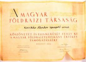 1938 a Magyar Földrajzi Társaság elismerő oklevele Koczkás Sándor (1897-1956) iskolaigazgató részére, felcsavarva, alján szakadással