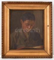 Olvashatatlan jelzéssel: Olvasó fiú. Olaj, vászon-fatábla, keretben, 30×26 cm