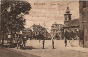 Nagyszeben, Hermannstadt, Sibiu; Nagy körút, villamos, rendőr, templom / Grosser Ring / square, tram, policeman, church  (fl)