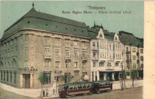 Temesvár, Timisoara; Mária Királyné körút, villamos, Timisiana-palota, bank / Bulev. Regina Maria / street, tram, palace, bank
