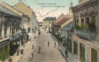 1909 Ungvár, Uzshorod, Uzhorod; Nagy híd utca és Kazinczy utca, Güntzler Henrik, Kádár Kálmán, Krausz üzlete, drogéria, gyógyszertár. Kiadja Steinfeld Dezső / street view, shops, pharmacy (EK)