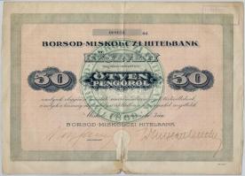 1927. Borsod-Miskolczi Hitelbank részvénye 50P-ről (2x) sorszámkövetők, szárazpecséttel, bélyegzéssel T:III- szakadás