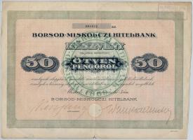 1927. "Borsod-Miskolczi Hitelbank" részvénye 50P-ről (2x) sorszámkövetők, szárazpecséttel,...