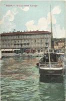 Fiume, Rijeka, Rieka; Europa nagyszálloda, rakparti iparivasút, Velebit egycsavaros tengeri személyszállító gőzhajó. G. Trbojevic kiadása / Grand Hotel Europa, industrial railway, Hungarian single screw sea-going passenger steamer