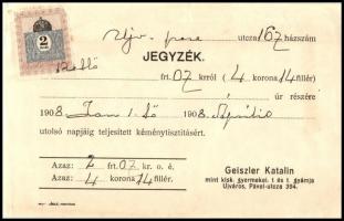 1904-1908 2 db jegyzék Nagyvárad - Újváros 2f okmánybélyeggel